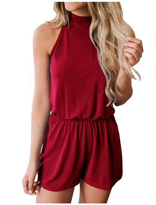 Fadalo Women's Sleeveless Halter Neck Solid Color Elastic Waist Short Jumpsuit Romper with Pockets