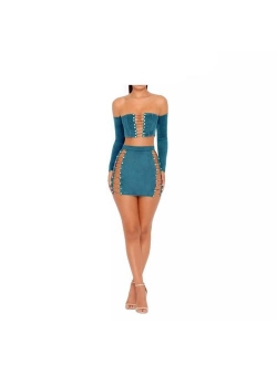 MAGICMK Suede Mini Long Sleeve Off Shoulder Club Sexy Party Dress