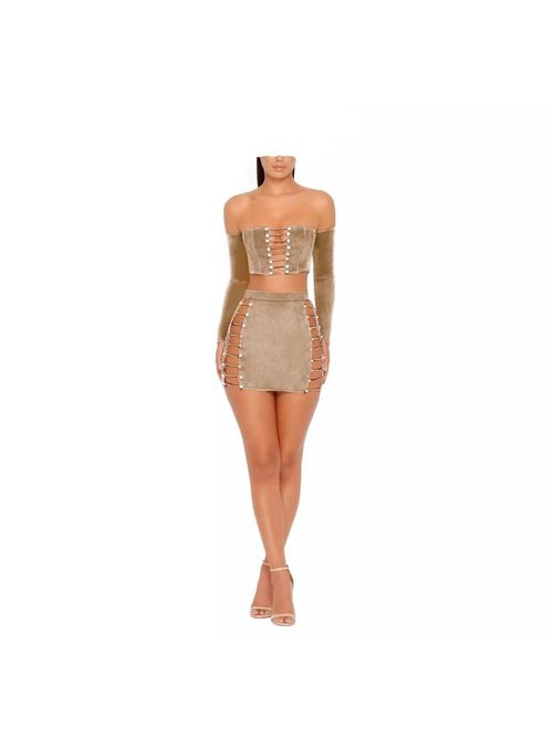 MAGICMK Suede Mini Long Sleeve Off Shoulder Club Sexy Party Dress