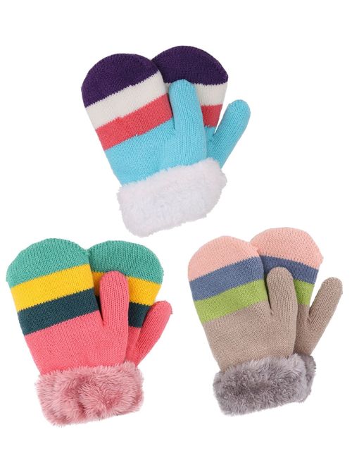 Arctic Paw 3 Pairs Kids' Sherpa Lined Knit Mittens Boys Girls Winter Gloves