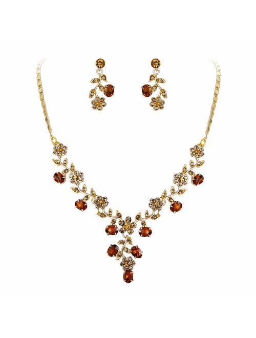 EVER FAITH Flower Leaf Necklace Earrings Set Austrian Crystal