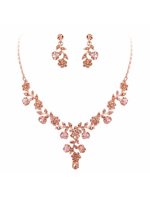 EVER FAITH Flower Leaf Necklace Earrings Set Austrian Crystal