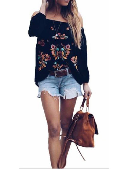 Womens Sexy Off The Shoulder Tops Long Sleeve Boho Floral Embroider Casual Blouse Shirt