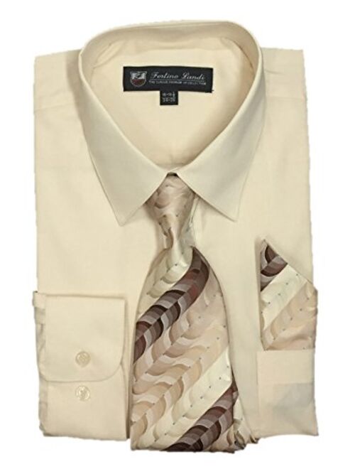 Fortino Landi Men's Long Sleeve Dress Shirt With Matching Tie And Handkerchief