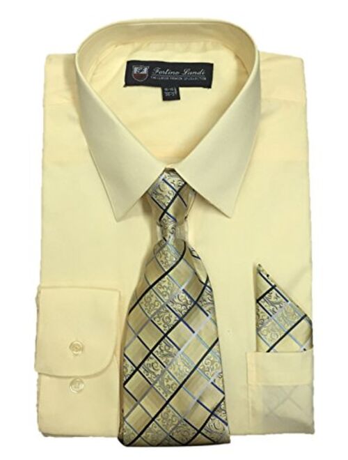 Fortino Landi Men's Long Sleeve Dress Shirt With Matching Tie And Handkerchief