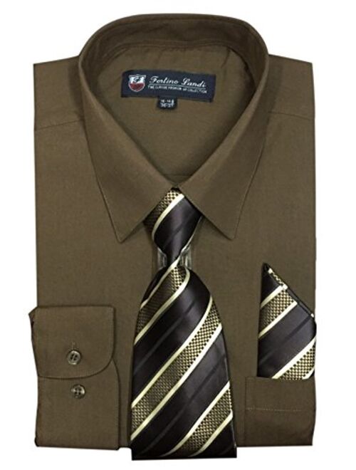 Fortino Landi Men's Long Sleeve Dress Shirt With Matching Tie And Handkerchief