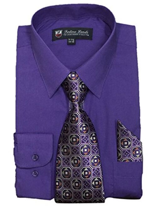 Fortino Landi Men's Long Sleeve Dress Shirt With Matching Tie And Handkerchief