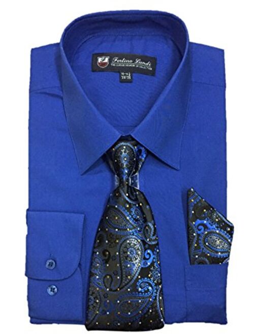 Fortino Landi Men's Long Sleeve Dress Shirt With Matching Tie And Handkerchief