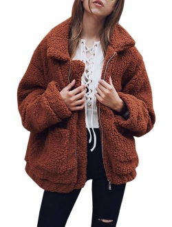 Women's Coat Casual Lapel Fleece Fuzzy Faux Shearling Zipper Coats Warm Winter Oversized Outwear Jackets