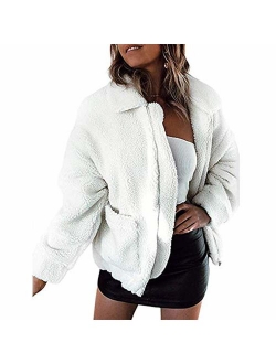 Women's Coat Casual Lapel Fleece Fuzzy Faux Shearling Zipper Coats Warm Winter Oversized Outwear Jackets