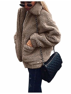 Women's Coat Casual Lapel Fleece Fuzzy Faux Shearling Zipper Coats Warm Winter Oversized Outwear Jackets