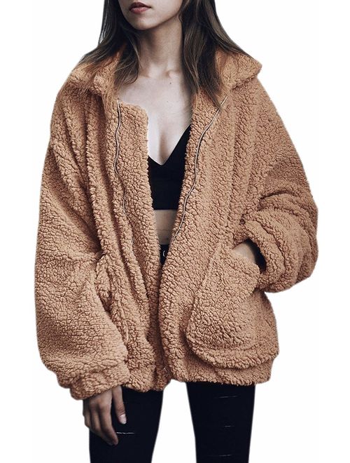 Women's Coat Casual Lapel Fleece Fuzzy Faux Shearling Zipper Coats Warm Winter Oversized Outwear Jackets