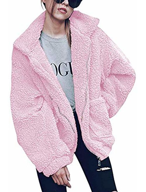 Women's Coat Casual Lapel Fleece Fuzzy Faux Shearling Zipper Coats Warm Winter Oversized Outwear Jackets