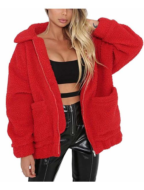 Women's Coat Casual Lapel Fleece Fuzzy Faux Shearling Zipper Coats Warm Winter Oversized Outwear Jackets