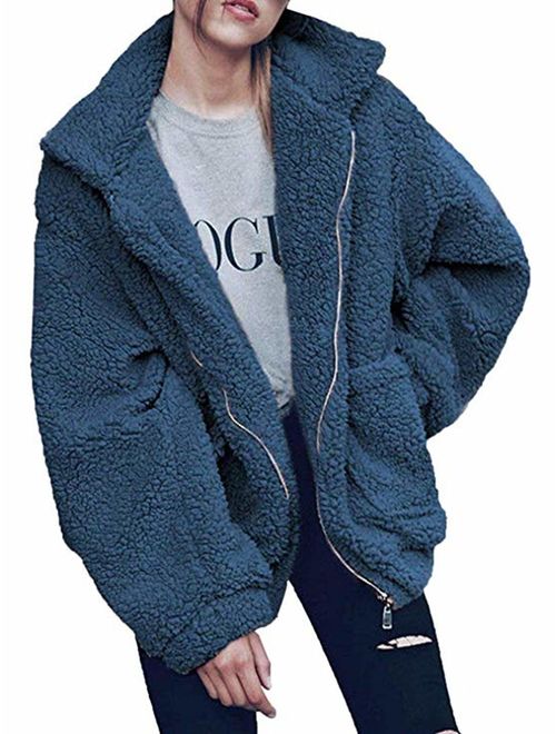 Women's Coat Casual Lapel Fleece Fuzzy Faux Shearling Zipper Coats Warm Winter Oversized Outwear Jackets