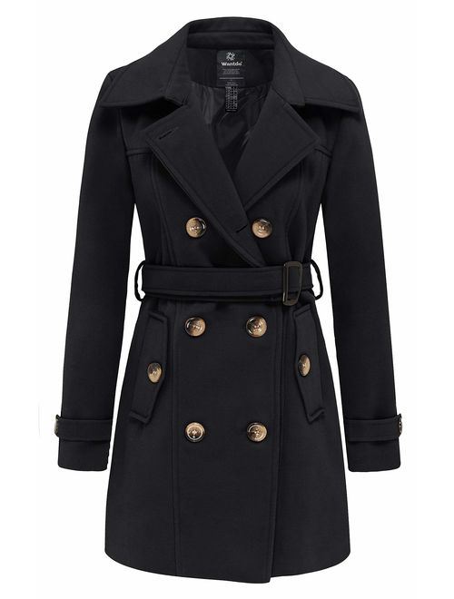 Wantdo Women's Double Breasted Pea Coat Winter Trench Jacket with Belt