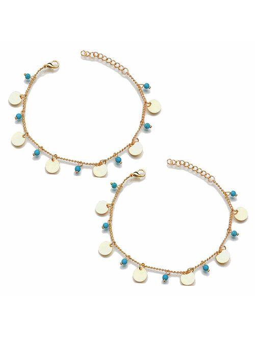 FiveLucky 2 Pack Vintage Shell Pearl Anklets Set Infinity Starfish Colors Bead Flower Beach Foot Chain