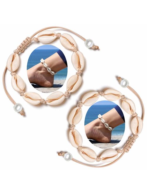 FiveLucky 2 Pack Vintage Shell Pearl Anklets Set Infinity Starfish Colors Bead Flower Beach Foot Chain