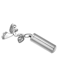 HooAMI Angel Wing Charm & Cylinder Memorial Urn Necklace Stainless Steel Cremation Jewelry