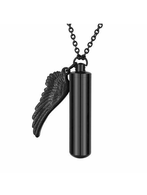 HooAMI Angel Wing Charm & Cylinder Memorial Urn Necklace Stainless Steel Cremation Jewelry