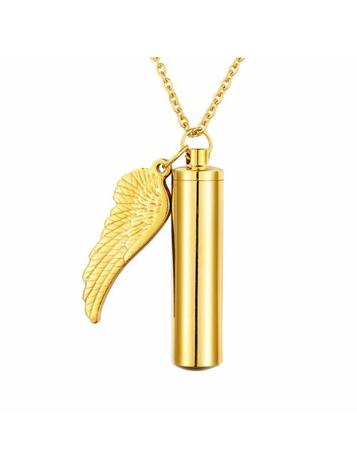 HooAMI Angel Wing Charm & Cylinder Memorial Urn Necklace Stainless Steel Cremation Jewelry