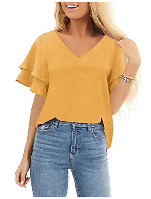 luvamia Women's Casual 3/4 Tiered Bell Sleeve Crewneck Loose Tops Blouses Shirt