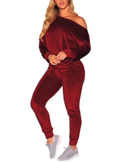 Fixmatti Womens 2 Piece Off One Shoulder Sweatshirt Jogging Set Velvet Sweatsuit