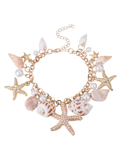 PH PandaHall Shell Necklace Fashion Women Sea Shell Starfish Faux Pearl Collar Bib Statement Chunky Necklace Seashell Necklace Choker