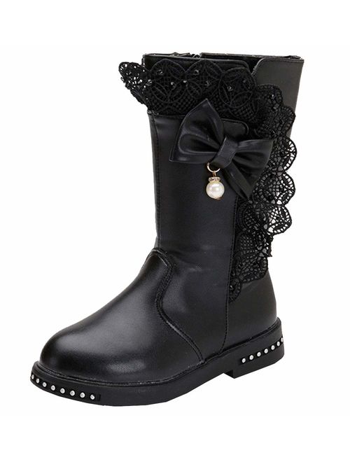 DADAWEN Girl's Waterproof Lace Bowknot Side Zipper Fur Lined Tall Winter Boots (Toddler/Little Kid/Big Kid)