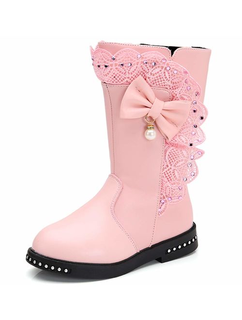 DADAWEN Girl's Waterproof Lace Bowknot Side Zipper Fur Lined Tall Winter Boots (Toddler/Little Kid/Big Kid)