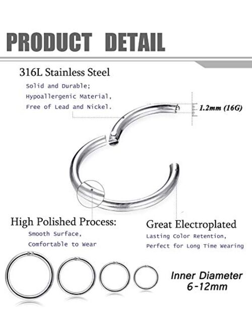 FIBO STEEL 2-8 Pcs 6-12mm Stainless Steel 16g 18g Cartilage Hoop Earrings for Men Women Nose Ring Helix Septum Couch Daith Lip Tragus Piercing Jewelry Set