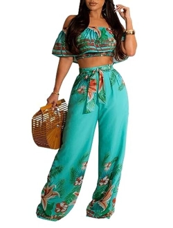 Women's Two Piece Sets Floral Tie Front Short Sleeve Crop Tops Long Pants Jumpsuits