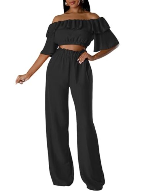 Women's Two Piece Sets Floral Tie Front Short Sleeve Crop Tops Long Pants Jumpsuits