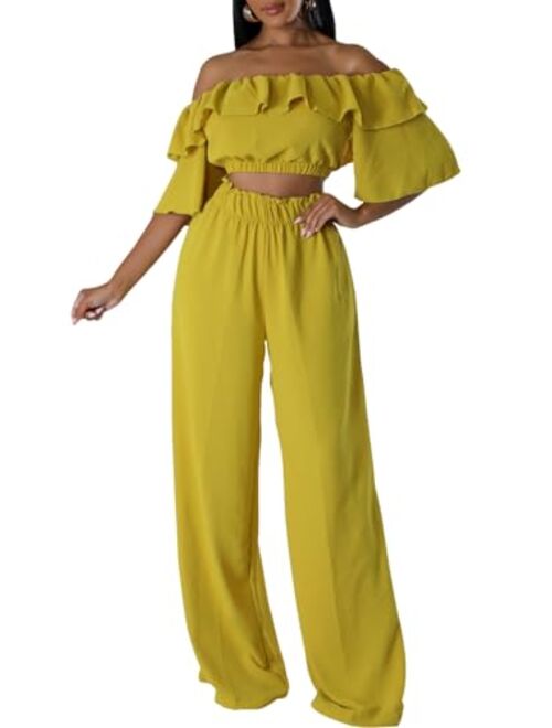 Women's Two Piece Sets Floral Tie Front Short Sleeve Crop Tops Long Pants Jumpsuits