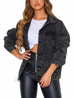 Eliacher Women's Boyfriend Denim Jacket Long Sleeve Loose Jean Jacket Coats