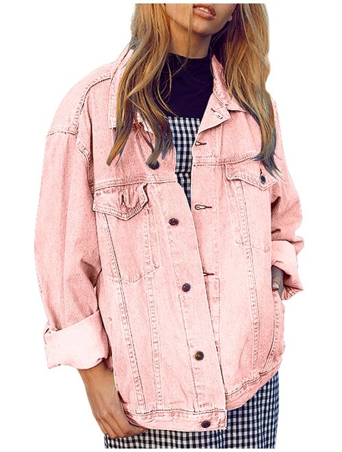 Eliacher Women's Boyfriend Denim Jacket Long Sleeve Loose Jean Jacket Coats