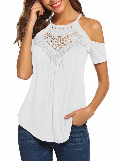 BLUETIME Women's Casual Long Sleeve/Short Sleeve Flowy Lace Cold Shoulder Tops Blouses Basic Tee Shirts