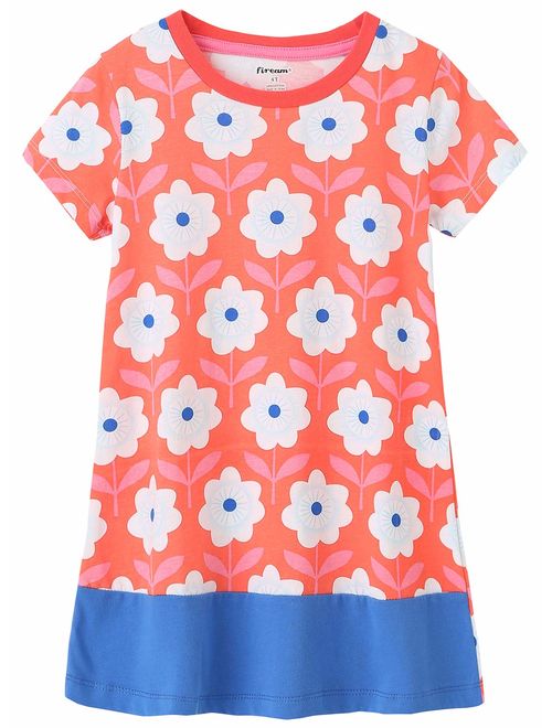 Fiream Girls Summer Casual Dresses Cotton Short Sleeves Flower Dresses