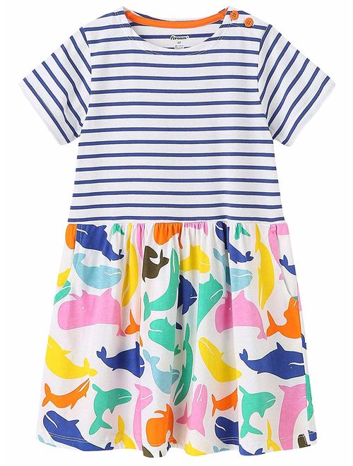 Fiream Girls Summer Casual Dresses Cotton Short Sleeves Flower Dresses