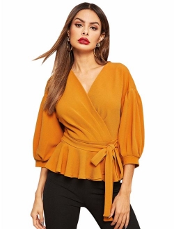 Women's Lantern 3/4 Sleeve V Neck Ruffle Blouse Tie Waist Wrap Peplum Top