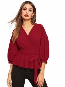 Women's Lantern 3/4 Sleeve V Neck Ruffle Blouse Tie Waist Wrap Peplum Top