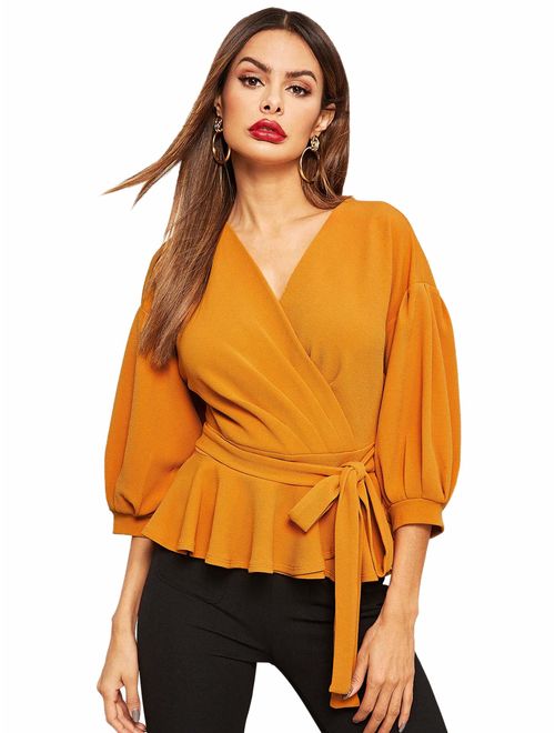 SheIn Women's Lantern 3/4 Sleeve V Neck Ruffle Blouse Tie Waist Wrap Peplum Top