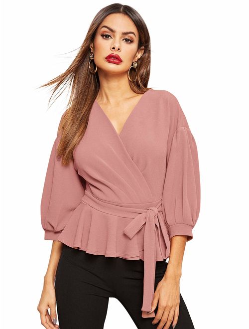 SheIn Women's Lantern 3/4 Sleeve V Neck Ruffle Blouse Tie Waist Wrap Peplum Top