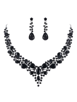 BriLove Women's Wedding Bridal Austrian Crystal Teardrop Cluster Statement Necklace Dangle Earrings Set