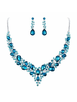 BriLove Women's Wedding Bridal Austrian Crystal Teardrop Cluster Statement Necklace Dangle Earrings Set