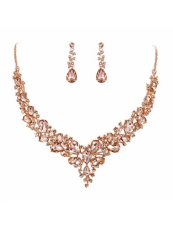 BriLove Women's Wedding Bridal Austrian Crystal Teardrop Cluster Statement Necklace Dangle Earrings Set