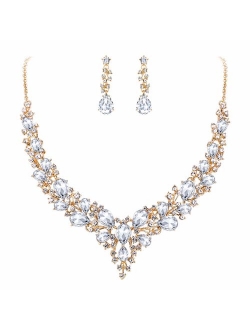 BriLove Women's Wedding Bridal Austrian Crystal Teardrop Cluster Statement Necklace Dangle Earrings Set