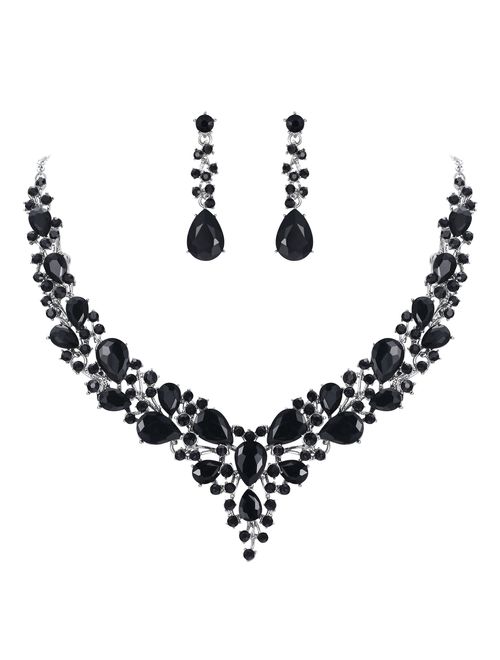 BriLove Women's Wedding Bridal Austrian Crystal Teardrop Cluster Statement Necklace Dangle Earrings Set