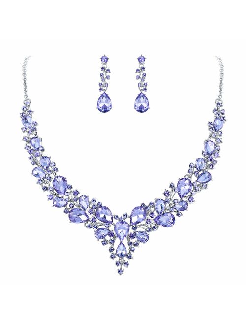 BriLove Women's Wedding Bridal Austrian Crystal Teardrop Cluster Statement Necklace Dangle Earrings Set