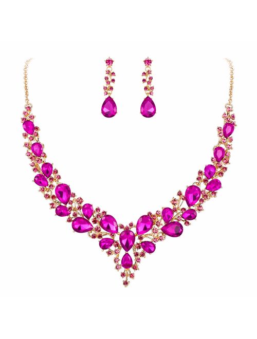 BriLove Women's Wedding Bridal Austrian Crystal Teardrop Cluster Statement Necklace Dangle Earrings Set